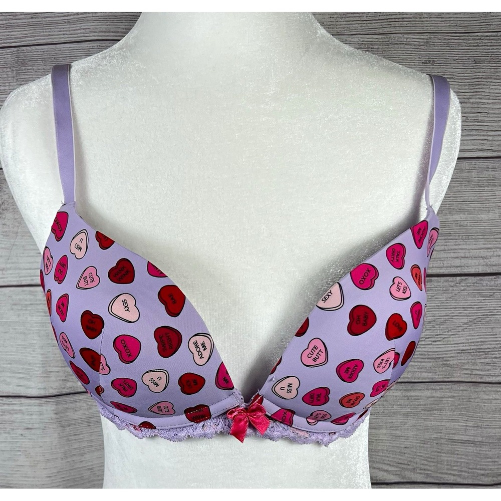 Adore Me Purple Heart Print Lace Trim Underwired Push-Up Bra, Women's 36B